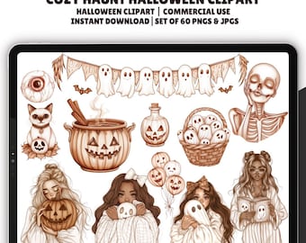 Halloween Cozy Haunt Clipart, 60 PNGs, Watercolor Soft Halloween PNG, Neutral Halloween Clipart, Autumn Ghost Clipart, Spooky Cozy Aesthetic