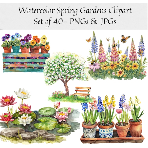 Watercolor Spring Gardens Clipart - Set of 40, Spring Garden Illustrations, Spring Flowers, floral clipart, flower pot, Boho Spring clipart