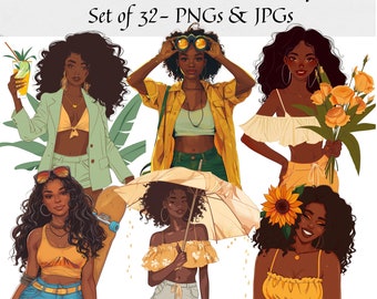 Zwarte vrouwen Summer Vibes clipart-set van 32, mode clipart, zwarte vrouw clipart, zomer clipart, zomer strand, strand mode, lady boss