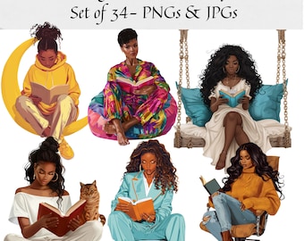 Black Girls Reading Clipart - Set of 34, Book Lover Clipart, Self Love Clipart, Black Woman Clipart, Black Girl Read, Bookworm clipart