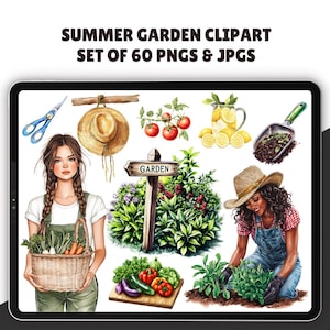 Clipart de jardín de verano en acuarela / 60 PNG / Huerto de verduras estilo cottagecore / Jardinería / Temporada de verano / Floral / Scrapbooking / Uso comercial