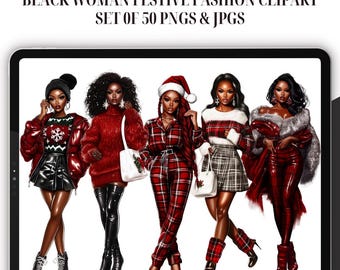 Black Woman Festive Fashion Clipart - Set of 50, Black Woman Clipart, Christmas PNG, Christmas Fashion, Christmas Girl PNG, African American