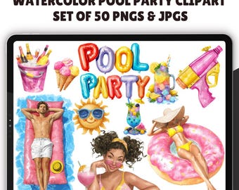 Watercolor Pool Party Clipart - Set of 50 Summer Graphics, Pool day png, cocktail, Summer Clipart, Holiday Planner Clipart, Summer Vacation