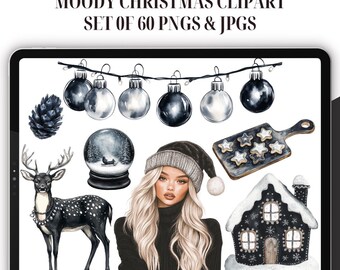 Watercolor Moody Christmas Clipart - Set of 60, Holiday Art, boho Christmas aesthetic, Xmas ClipArt, Elegant Christmas PNG, festive clipart