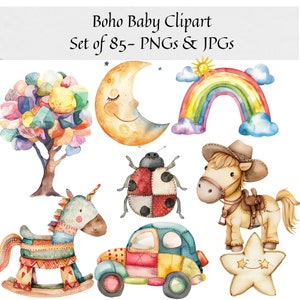 Acuarela Boho Baby Clipart - Conjunto de 85, Lindo Boho Clipart, Boho Nursery Animal Clipart, Baby Shower Clipart, Rainbow PNG, Decoración de la guardería