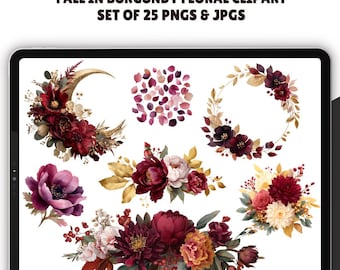 Watercolor Burgundy fall Floral Clipart, Autumn Floral Bouquet, Fall Dahlia PNG, Wedding Invite, Digital Stickers, Fall Png, Commercial Use