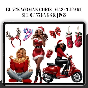 Clipart di Natale di donna nera - Set di 55, PNG ragazza di Natale, PNG di Natale, afroamericano, PNG di moda natalizia, Clipart di Natale