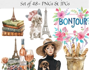 Watercolor Paris Clipart - Set of 48, Bonjour Paris PNG, Eiffel Tower PNG, Travel Clipart, Paris France Clipart, Paris Illustrations
