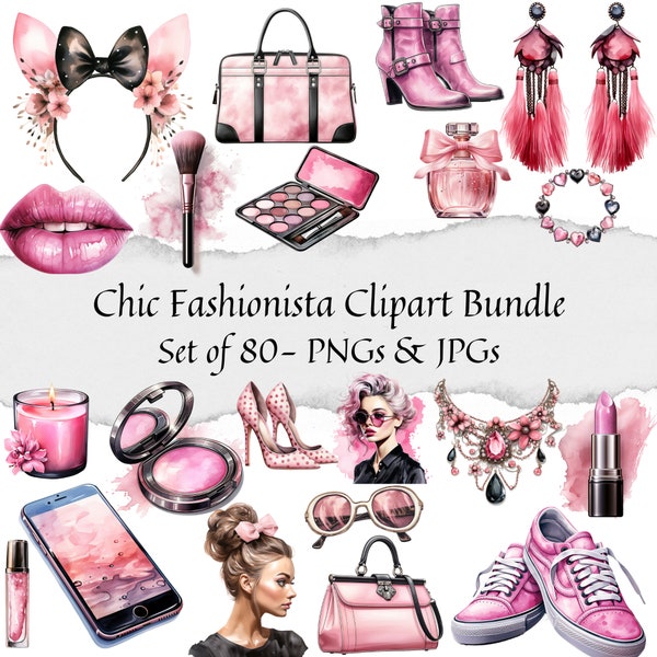 Chic Fashionista Clipart - Ensemble de 80, Illustrations aquarelles, Planner Clipart, Fashion PNG pour autocollants/Planificateur/Impression/CarteMaking/Journaux