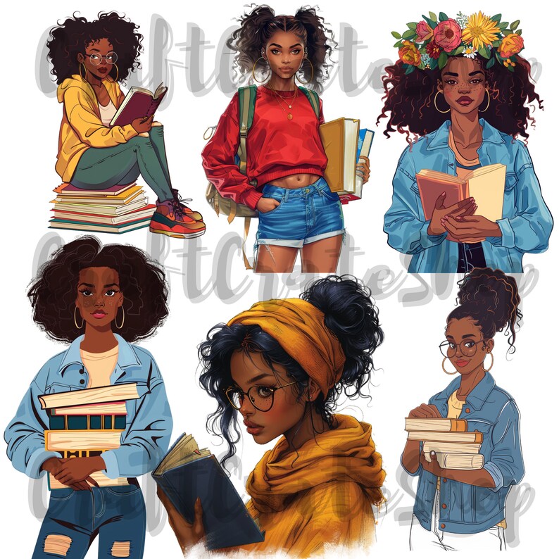 May include: Five illustrations of Black women with different hairstyles and outfits, each holding a stack of books. The women are wearing glasses, earrings, and headbands. One woman is wearing a flower crown. The illustrations are in a cartoon style.