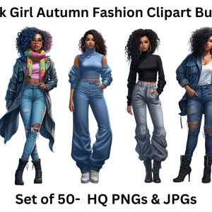 Black Girl Autumn Fashion Doll Clipart - Set of 50, Denim girl clipart, Black Women Clipart, Autumn fashion PNG Sticker/Planner/Print/POD