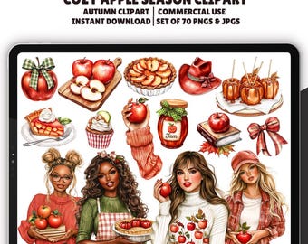 Op de afbeelding: Digitale clipartset met herfst-appel illustraties. Bevat afbeeldingen van appels, appeltaart, karamelappels, een cowboyhoed en vrouwen die appels vasthouden. Tekst luidt "COZY APPLE SEASON CLIPART" en "AUTUMN CLIPART COMMERCIAL USE INSTANT DOWNLOAD SET OF 70 PNGS & JPGS."
