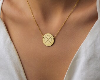Customized Double Initials Necklace, Personalized Four Symbol Plate Initial Letter Necklace, Meaninful Girlfriend Gift