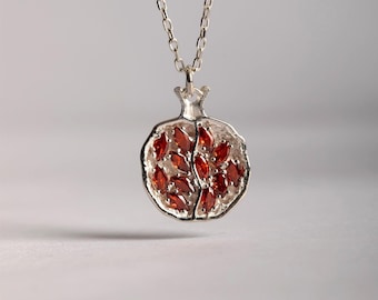 Sterling Silver Pomegranate Necklace: Red Garnet Charm, Minimalist Winter Fruit Jewelry, Valentines Day Gift