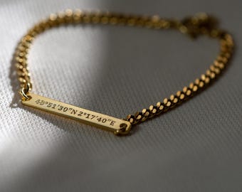 Custom Gold Bar Bracelet: Personalized Sterling Silver Name, Date, Coordinates