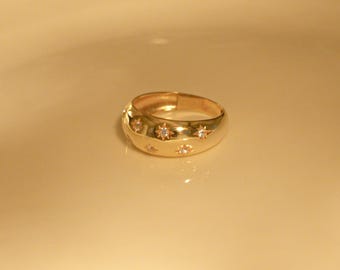Gold Star Diamond Sterling Silver Dome Ring, Valentines Day Gift