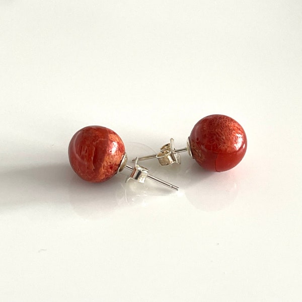 Ohrringe 925er Silber mit Korallen Natürliche rote Koralle Ohrstecker runde form Edelstein Ohrstecker für Damen