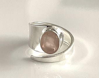 Rose quartz ring OPEN 925 SILVER RING stone ring engagement ring retro gemstone ring adjustable wide women's ring