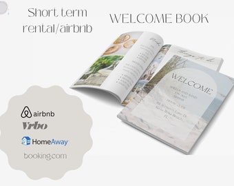 May include: A short term rental welcome book template featuring an open booklet with beach imagery and text reading WELCOME SHELLS AND SAND ON 30A AIRBNB HOUSE GUIDE 115 Western Lake Dr. Santa Rosa Beach FL. Logos for Airbnb, Vrbo, HomeAway, and Booking.com.