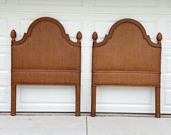 Tommy Bahama Bamboo Wicker Rattan Pair Twin Headboards with Pineapple Finials