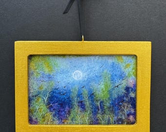 Tiny Blue Moon Landscape: miniature art print. Small night scene watercolor painting. A unique art gift.