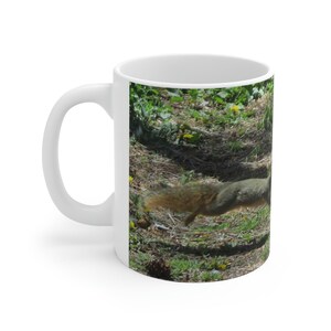 May include: A white ceramic mug with a brown and white squirrel running through a green grassy area with brown pine needles and yellow flowers.
