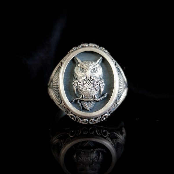 Bague celtique hibou en argent sterling, cadeau pour les amoureux de la chouette, bague hibou mystique unique, bague hibou ovale unisexe, bijoux animaux faits main, bijoux uniques