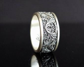 Blätter Motive Silber Bandring, Jubiläumsband, Ring geschwungenes Band, Barock gemusterter Ehering, Versprechensring für sie, Paare Ring