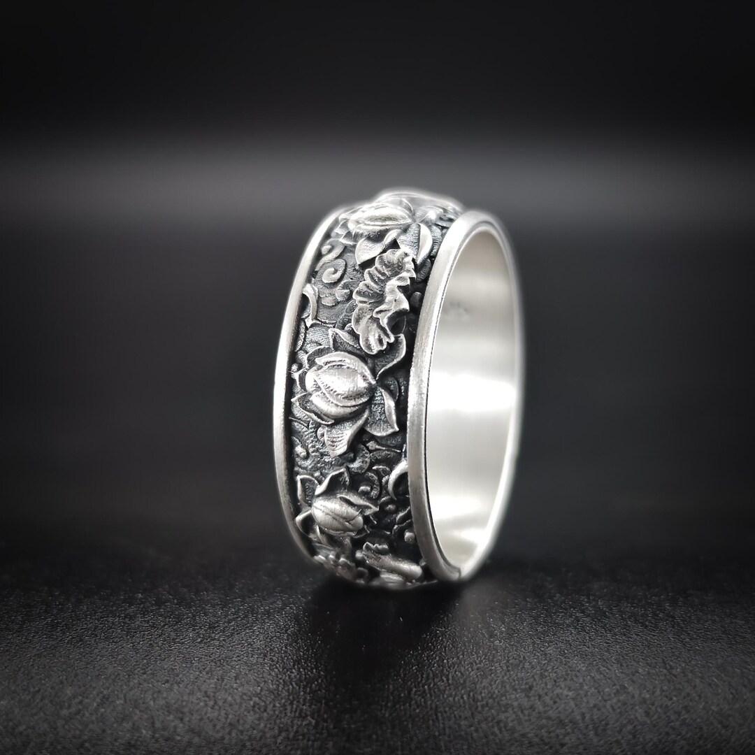 Ring Flower Pattern Flower Pattern Silver Wedding Ring, Ring for Plant Lover, Lotus Flower ...