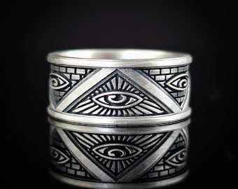 Masonic Symbol Ring, Silver All Seeing Eye Ring, Third Eye Ring of Shiva, Eye of God Ring, Mysterious Masonic Ring, Eye of Horus Jewelry,