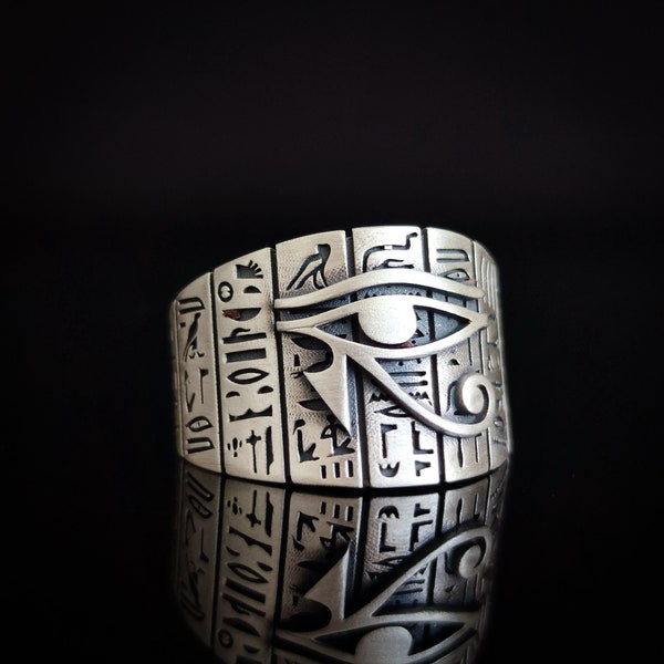 Left Eye of Horus Silver Ring, Ancient Egyptian Symbolism, Silver Ring with Hieroglyphs, Ancient Mystery, Eye of Heru Ring, Wadjet Eye Ring