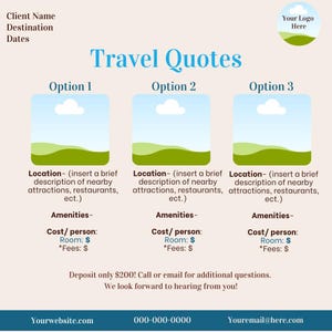 Op de afbeelding: Een promotionele afbeelding voor reisoffertes, met drie opties met placeholders voor locatiebeschrijvingen en voorzieningen. Het ontwerp bevat een lichtblauwe lucht, groene heuvels en de tekst "Travel Quotes."