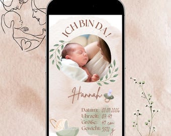 May include: A digital birth announcement with a photo of a baby in a mother's arms. The announcement is in German and includes the baby's name, date of birth, time of birth, length, and weight. The announcement is designed with a green and white floral border and a cute baby carriage.