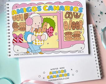 May include: A mini coloring book with a white bunny holding a loaf of bread in front of a bakery. The book cover has the title "Amigos Canarios" and the text "Mini Coloring Book" and "Vol. 5".