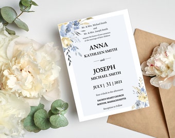 Floral Wedding Invitation Template, Editable Canva Template, Yellow and Blue Floral Invite, Wedding Invite, Flower Invites, Shower Invite