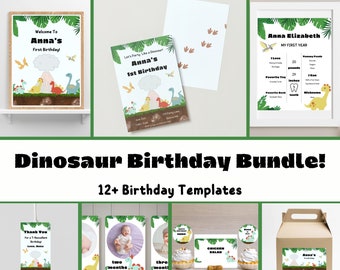 Editable Dinosaur Birthday Bundle Canva Template First Birthday Baby Dino Boy Fossil Party Invitation Signs Decorations Digital Download