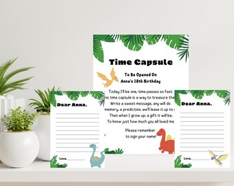 Editable Dinosaur Birthday Time Capsule, Canva Template, First Birthday Baby, Dino Green Blue, Boy Fossil Party Invite Roar Digital Download