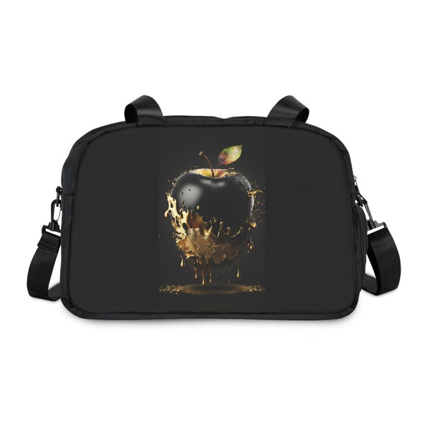 Sac de sport noir avec illustrations originales par SunSpark Studio - Photo d'une pomme noire dégoulinant d'or Taille unique - 12,4" x 13,3"