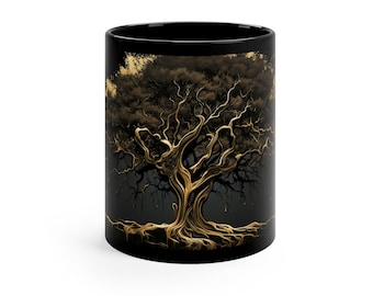 MUG Oak Tree Black & Gold Coffee Mug - 11oz Black Mug UNIQUE artwork Dark Shiny