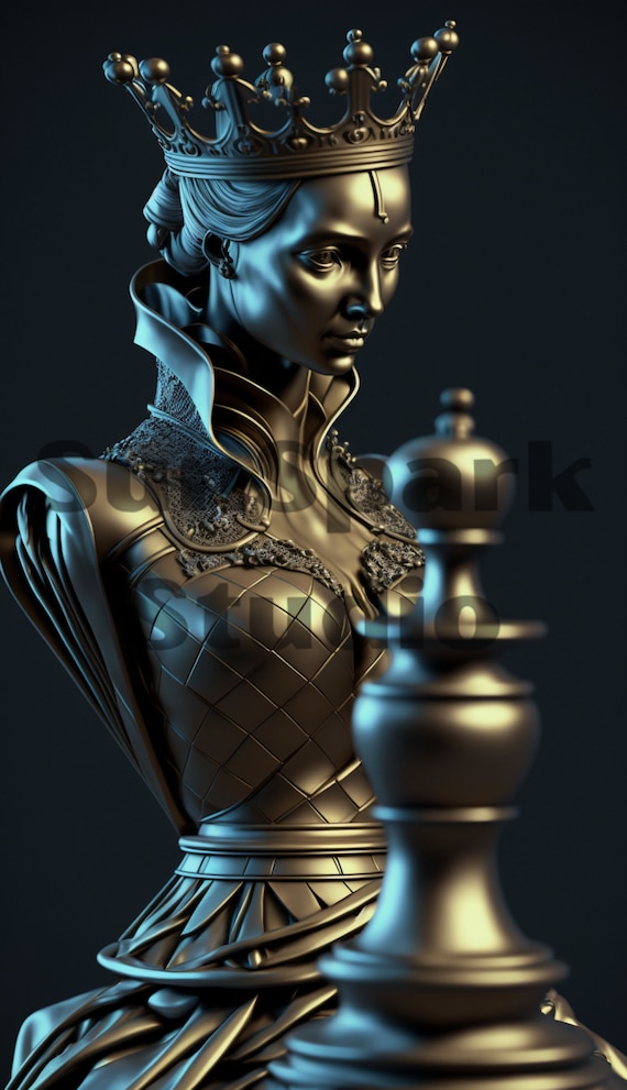Queen Chess Piece in Digital Check Wall 9x16 Artwork Unique Etsy King Printable Mate - Queen Download Art Gold