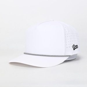 May include: White baseball cap with a curved brim and a black and white rope detail. The cap features a perforated side panel and a small black logo on the side. The hat is designed for sun protection and casual wear.