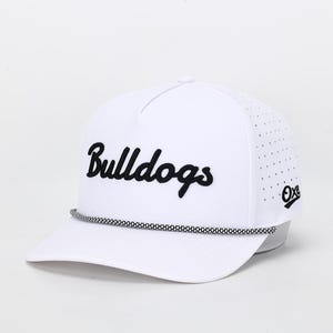 May include: A white baseball cap featuring the word "Bulldogs" in black script. The cap has a curved peak, a perforated side panel, and a black and white rope detail along the brim.