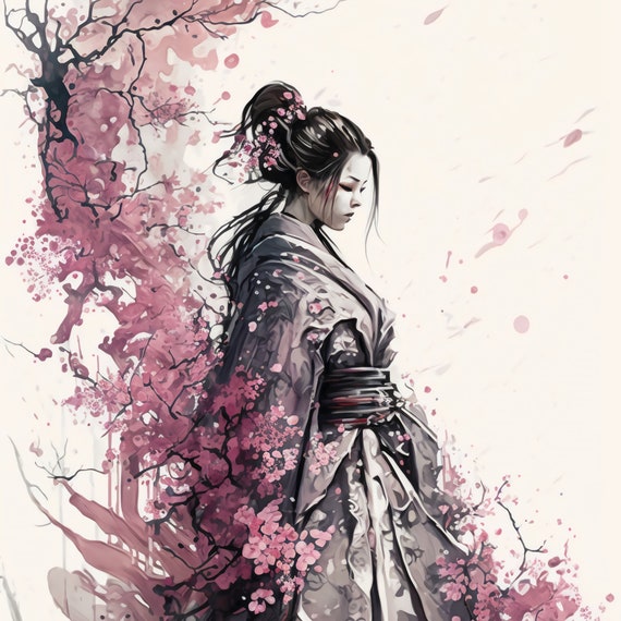 Cherry Blossom Beauty Portrait Japanese Woman Geisha Wall Art