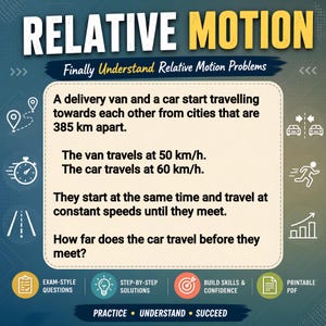 Puede incluir: Gráfico educativo con el título "Relative Motion" y texto que explica un problema de física que involucra una furgoneta de reparto y un coche que viajan uno hacia el otro. Incluye diagramas y la frase "Finally Understand Relative Motion Problems."