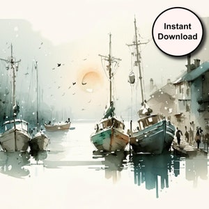 Watercolor Boat Print: Nautical Harbour Scene (Digital Download)