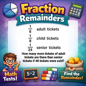 May include: A colourful educational graphic titled "Fraction Remainders." It features a pie chart, calculator, and a cartoon boy. The text displays fractions for different ticket types, with a math problem. Additional text includes "Math Tests!" and "Find the Remainder!"
