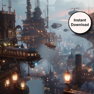 Enchanting Steampunk Cityscape: A Futuristic Victorian World #1, Wall Art, Digital Download, High Resolution, Printable Art