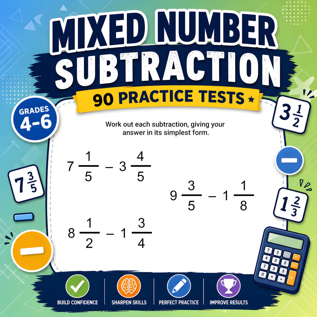 Mixed Numbers Subtraction Worksheets Printable PDF With Answers - Etsy