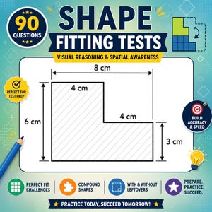 Puede incluir: Un gráfico educativo de Shape Fitting Tests con 90 preguntas sobre razonamiento visual y conciencia espacial. El polígono central en forma de L tiene dimensiones etiquetadas de 8 cm, 6 cm, 4 cm y 3 cm. Incluye un lápiz azul y una bombilla.