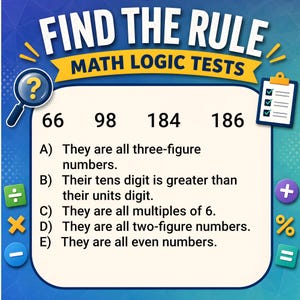 May include: A math logic test card titled FIND THE RULE MATH LOGIC TESTS featuring the numbers 66, 98, 184, and 186. The card lists five multiple-choice options labeled A through E, surrounded by icons of a magnifying glass, clipboard, and math symbols.